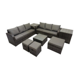 Fimous Rattan Garden Outdoor Furniture Set 3 Seater Sofa Square Coffee Table Set With 2 Side Tables 3 Stools Dark Grey Mixed - thumbnail 2