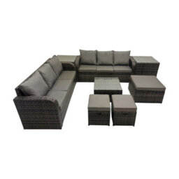 Fimous Rattan Garden Outdoor Furniture Set 3 Seater Sofa Square Coffee Table Set With 2 Side Tables 3 Stools Dark Grey Mixed - thumbnail 1
