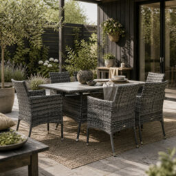 Wyld Haus Zila 6-Seater Grey Rattan Outdoor Dining Set - Rectangular Glass Table With Cushioned Armchairs