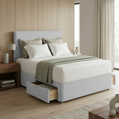 "Adore Designs Victoria Plush Velvet Divan Bed, 50"" Headboard & Mattress - 4Ft6 Double - Silver - 2 Drawers Same Side" - image 1