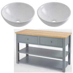 Homestylestore 1215mm Light Grey And Oak Bathroom Vanity Unit With Round Countertop Basins And Chrome Round Handles - thumbnail 1