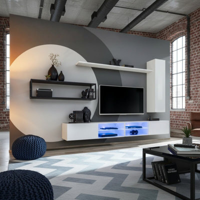 Switch Met Iv Industrial Wall Unit Modern White Black Living Room Set With Tv Cabinets Shelves And Metal Bookcase - image 1