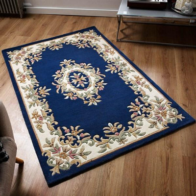 Handmade Bordered Easy To Clean Royal Blue Traditional Floral Wool Rug For Living Room & Bedroom-120Cm X 180Cm