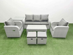 Fimous Pe Rattan Garden Furniture Set Reclining Chair Sofa Lounge Sofa Set Rectangular Coffee Table Side Table 2 Small Stools - thumbnail 2