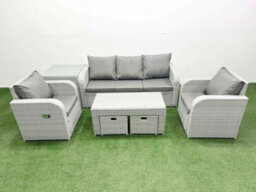 Fimous Pe Rattan Garden Furniture Set Reclining Chair Sofa Lounge Sofa Set Rectangular Coffee Table Side Table 2 Small Stools - thumbnail 1