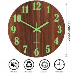 "12"" Wooden Luminous Wall Clock Battery Quartz" - thumbnail 2