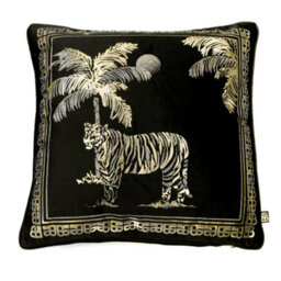 Laurence Llewelyn-Bowen Tiger Tiger Opulent Foil Printed Luxury Black Velvet Filled Cushion