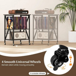 Mobile Grey Record Player Stand 3-Tier Turntable Stand With Lockable Wheels - thumbnail 4