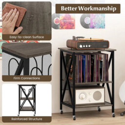 Mobile Grey Record Player Stand 3-Tier Turntable Stand With Lockable Wheels - thumbnail 5