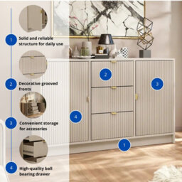 Tireno Sand Beige Sideboard Cabinet With 2 Doors And 3 Drawers Modern Fluted Storage Unit For Living Room Bedroom Hallway - thumbnail 6