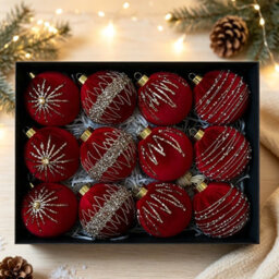 Amorly 12 Pack Flocked Velvet Christmas Ball Ornaments, 8Cm Hanging Tree Baubles, Seasonal Indoor Home Christmas Decor (Red) - thumbnail 1