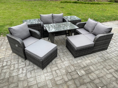 Fimous 7 Seater Outdoor Garden Dining Sets Rattan Furniture With Armchairs Love Sofa 2 Big Footstool 2 Side Tables Dark Grey Mixed - image 1
