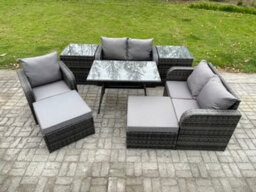 Fimous 7 Seater Outdoor Garden Dining Sets Rattan Furniture With Armchairs Love Sofa 2 Big Footstool 2 Side Tables Dark Grey Mixed - thumbnail 2