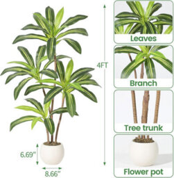 London Boutique 120 Cm Artificial Dracaena Tree, Faux Yucca Floor Plant, White Tall Planter, Artificial Plants Indoor - thumbnail 3