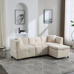 "Abrihome 80"" Sectional Sofa Couch With Removable Storage Ottoman, L-Shaped Sofa With 2 Pillows, Beige" - thumbnail 1