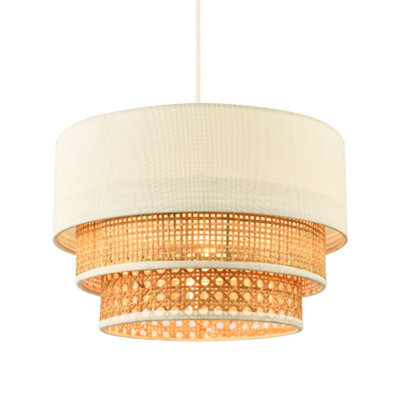 Happy Homewares Contemporary Triple Tier Cream Linen And Natural Rattan Pendant Shade - image 1