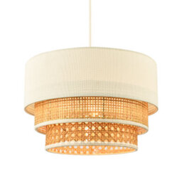 Happy Homewares Contemporary Triple Tier Cream Linen And Natural Rattan Pendant Shade