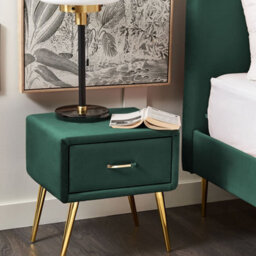 Wyld And Coco Emerald Velvet Bedside Table With 1 Drawer And Gold Legs, W46 X D38 X H49Cm - thumbnail 2