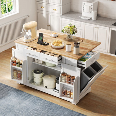 Merax Kitchen Island With Drop Leaf, Rolling Kitchen Trolley With Storage, Spice & Towel Rack, Trash Bin & Power Outlet, White - image 1