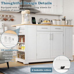 Merax Kitchen Island With Drop Leaf, Rolling Kitchen Trolley With Storage, Spice & Towel Rack, Trash Bin & Power Outlet, White - thumbnail 4