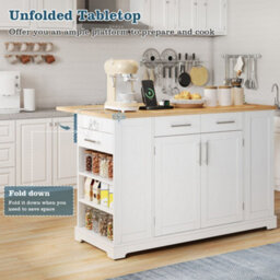 Merax Kitchen Island With Drop Leaf, Rolling Kitchen Trolley With Storage, Spice & Towel Rack, Trash Bin & Power Outlet, White - thumbnail 5