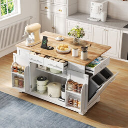 Merax Kitchen Island With Drop Leaf, Rolling Kitchen Trolley With Storage, Spice & Towel Rack, Trash Bin & Power Outlet, White - thumbnail 1