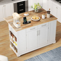 Merax Kitchen Island With Drop Leaf, Rolling Kitchen Trolley With Storage, Spice & Towel Rack, Trash Bin & Power Outlet, White - thumbnail 2