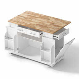 Merax Kitchen Island With Drop Leaf, Rolling Kitchen Trolley With Storage, Spice & Towel Rack, Trash Bin & Power Outlet, White - thumbnail 9