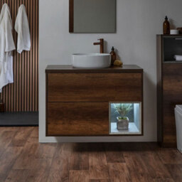 Homestylestore Dark Oak 1000mm Wall Hung Bathroom Vanity Unit With Round Countertop Basin And Led Light - thumbnail 3