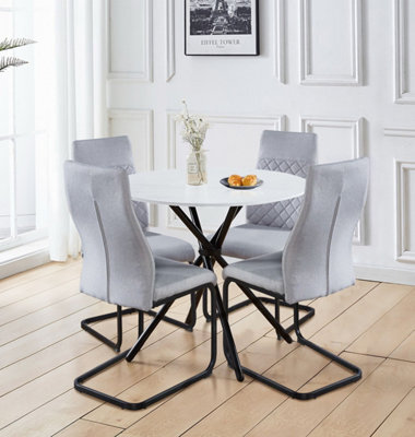 Hallowood Furniture Cullompton Small 90Cm Round Dining Table With White Marble Effect Top And 4 Light Grey High Back Dining Chairs - image 1