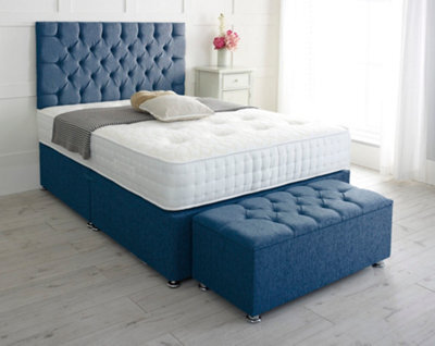 Adore Designs Chesterfield Chenille Divan Bed, With Pocket Mattress & Ottoman Storage Box - 4Ft6 Double - Blue - 0 Drawers - image 1