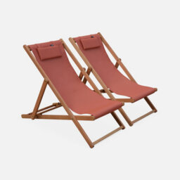 Sweeek. Pair Of Eucalyptus Deck Chairs With Headrest Cushions Creus Terracotta 102X56X86 Cm