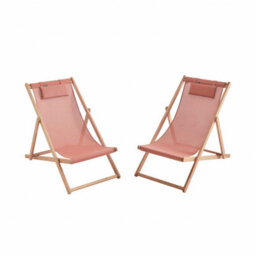 Sweeek. Pair Of Eucalyptus Deck Chairs With Headrest Cushions Creus Terracotta 102X56X86 Cm - thumbnail 5
