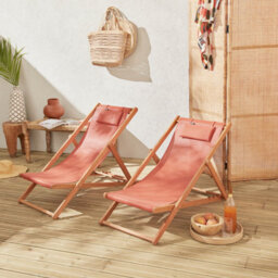 Sweeek. Pair Of Eucalyptus Deck Chairs With Headrest Cushions Creus Terracotta 102X56X86 Cm - thumbnail 2
