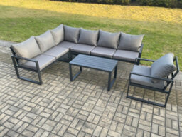 Fimous Aluminium Garden Furniture Set Outdoor Indoor Lounge Corner Sofa Chair Oblong Coffee Table Sets Dark Grey 7 Seater - thumbnail 1