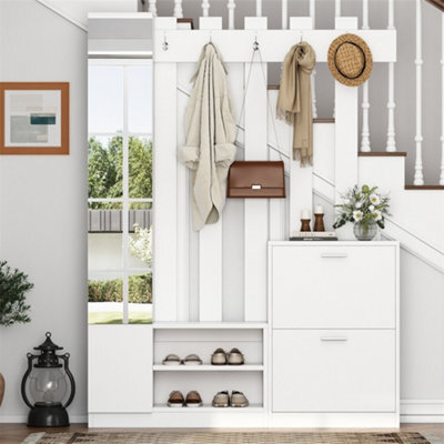 Abrihome 5-In-1 Coat Stand With Shoe Rack, Coat Hooks, Bench & Mirror - 135X180X25Cm, White - image 1
