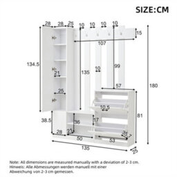 Abrihome 5-In-1 Coat Stand With Shoe Rack, Coat Hooks, Bench & Mirror - 135X180X25Cm, White - thumbnail 4