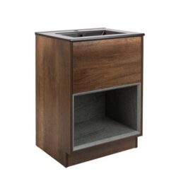 Homestylestore Dark Oak 612mm Bathroom Vanity Unit Led Lit Open Shelf And Graphite Basin