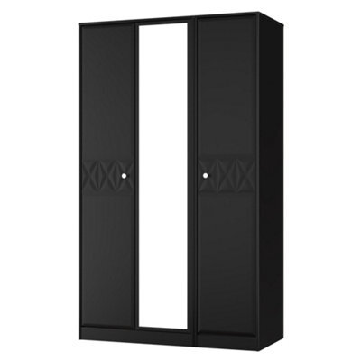Genoa Ready Assembled Contemporary Matt Black Tall Triple Wardrobe With 1 Mirror Door (H)1960mm (W)1108mm (D)530mm - image 1
