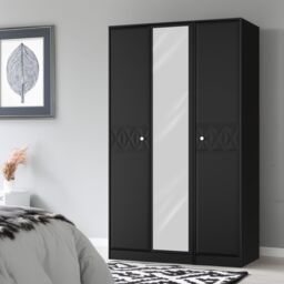 Genoa Ready Assembled Contemporary Matt Black Tall Triple Wardrobe With 1 Mirror Door (H)1960mm (W)1108mm (D)530mm - thumbnail 3
