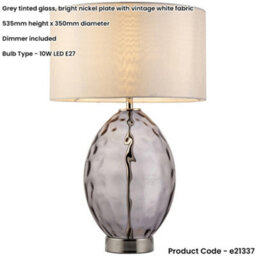 Loops Grey Tinted Glass Table Lamp - Vintage White Fabric Shade - Dimmable 10W Led E27 - thumbnail 2