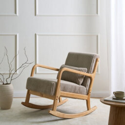 Wyld And Coco Rocking Armchair Beige Corduroy Upholstery Low-Profile Rubberwood Frame - thumbnail 2