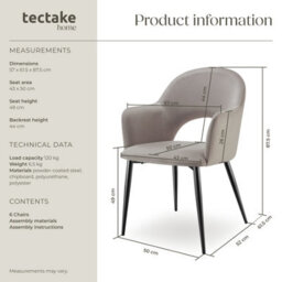 Tectake Set Of 6 Dining Chair Sasha- Padded Armchair In Velvet Look, Continuous Backrest  - Taupe - thumbnail 6
