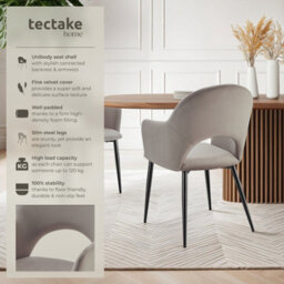 Tectake Set Of 6 Dining Chair Sasha- Padded Armchair In Velvet Look, Continuous Backrest  - Taupe - thumbnail 2