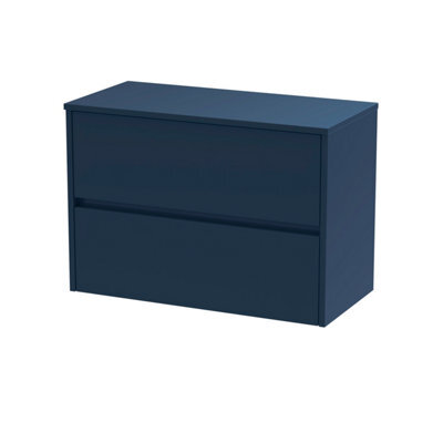 Nuie Havana Wall Hung 2-Drawer Vanity Unit & Worktop In Bellato Grey, Countertop Basin Unit In Midnight Blue, 800mm