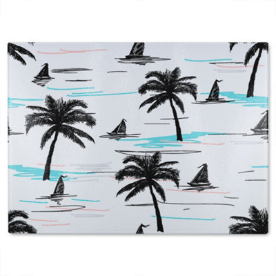 Benjamin Tate Design Palm Trees & Sailboats Glass Chopping Boarddesigner Style - image 1