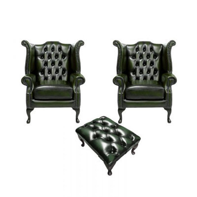 Chesterfield 2 X Wing Chairs + Footstool Antique Green Leather In Queen Anne Style - image 1