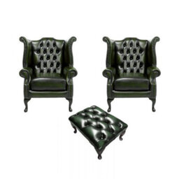 Chesterfield 2 X Wing Chairs + Footstool Antique Green Leather In Queen Anne Style