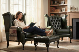 Chesterfield 2 X Wing Chairs + Footstool Antique Green Leather In Queen Anne Style - thumbnail 2