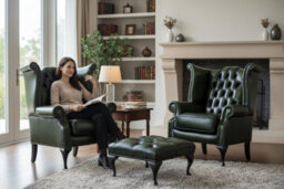Chesterfield 2 X Wing Chairs + Footstool Antique Green Leather In Queen Anne Style - thumbnail 3